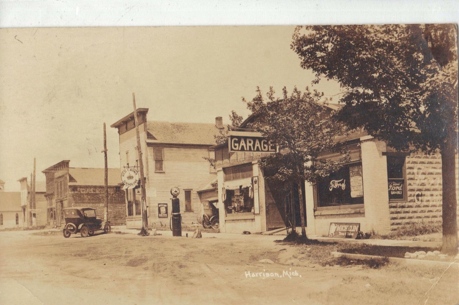 Postcard mailed in 1927 of Main Street in Harrison. The Ford Garage is to the right.